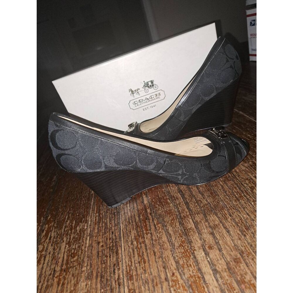 9.5B Coach Black Thea Wedge High Heel Peep Toe Signature Dress Shoes w Box - Picture 4 of 9